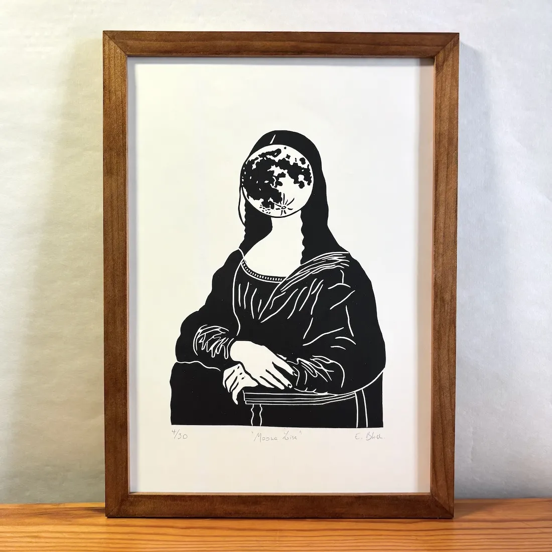 Moona Lisa, linogravure originale signée, format A4 © Bloch Prints Studio 1