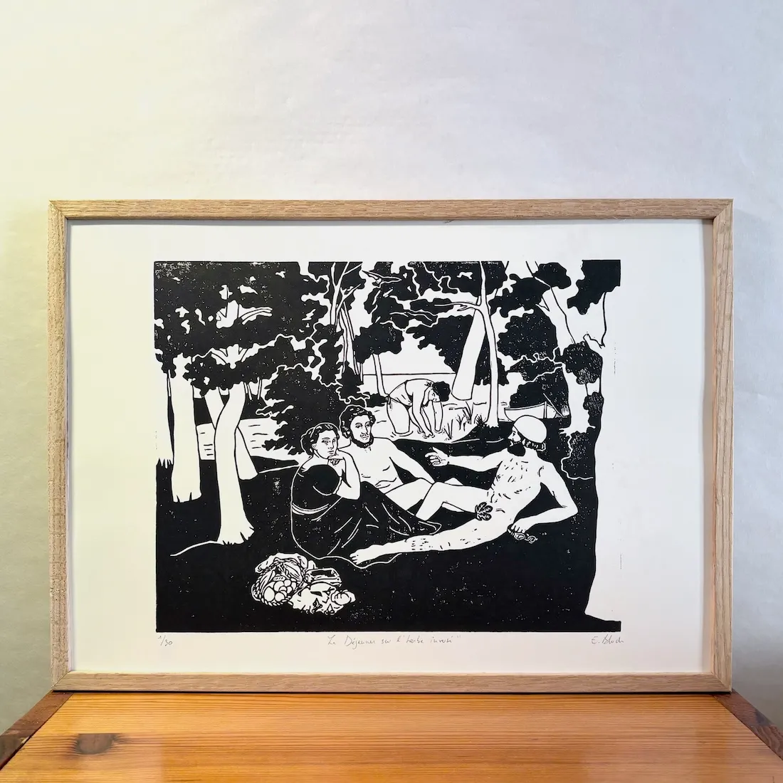 Le déjeuner sur l'herbe inversé, linogravure originale signée, format A3 © Bloch Prints Studio 1